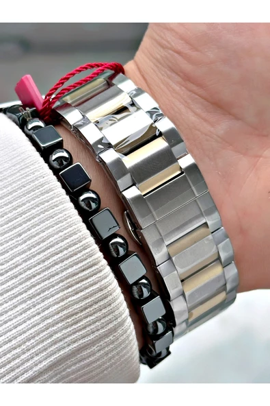 Fiesta Altın Gümüş Renk Fonksiyonlu Çelik Makine Garantili Erkek Kol Saati + BİLEKLİK - Resim 4