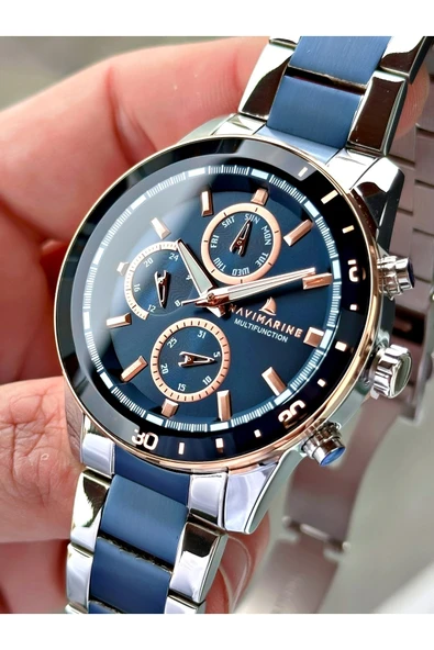 Navimarine Lacivert Gümüş Renk Metal Kordon Tüm Fonksiyonlar Aktif Orijinal Erkek Kol Saati + Bileklik Hediyeli ürün görseli 1