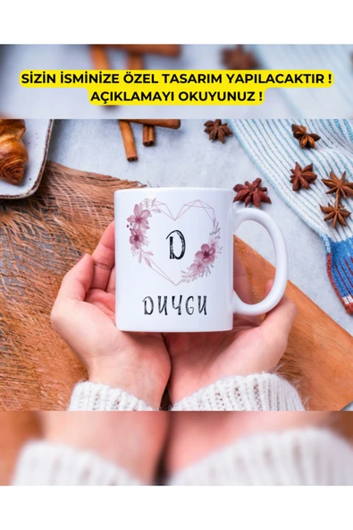 Baş Harf Çiçek Çerçeve Kupa Bardak Kişiye Özel Baskılı Hediye Bardak Mug Kahve Bardağı ürün görseli 1