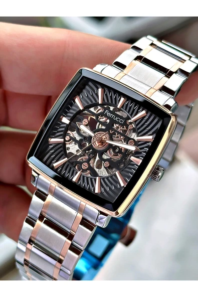 Ferrucci Gümüş Renk Otomatik Kare Business  Mekanizma Erkek Kol Saati + BİLEKLİK - Resim 5