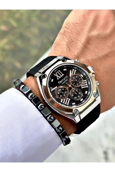 Ferrucci Siyah Renk Silikon Fonksiyonlar Aktif Spor Erkek Kol Saati + BİLEKLİK - Resim 3