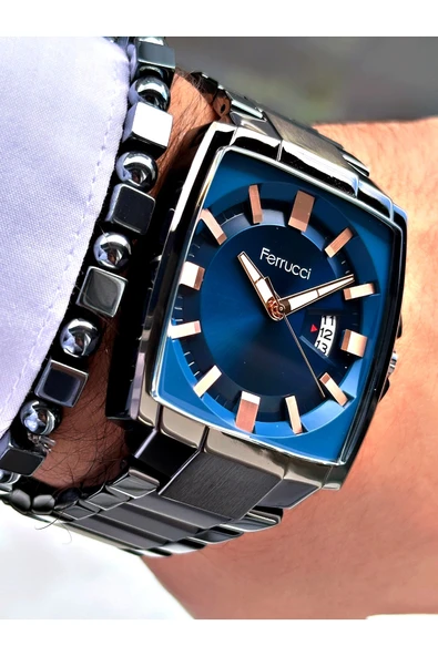 Ferrucci Füme Renk Kare Klasik Çelik Kordon Erkek Kol Saati + BİLEKLİK ürün görseli 1