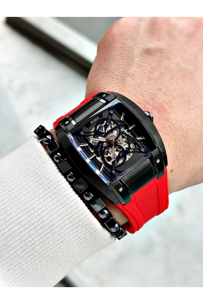 Fiesta Kırmızı Renk Spor Silikon Kare Çelik Kasa Otomatik Business Erkek Kol Saati + BİLEKLİK - Resim 2