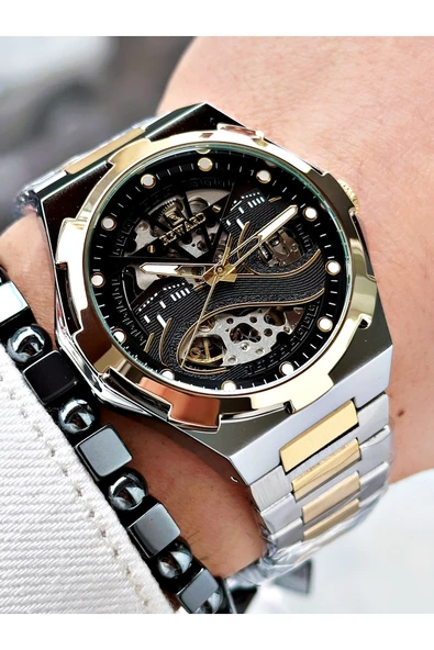 Reward Altın Gümüş Renk Kabe Desen Otomatik Mekanizma Erkek Kol Saati + BİLEKLİK - Resim 3
