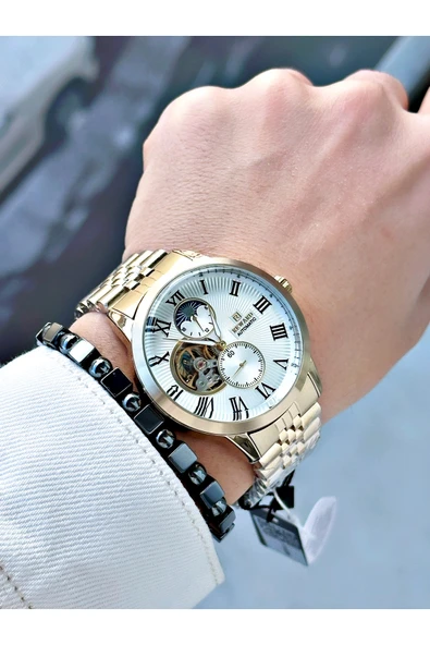 Reward Altın Renk Otomatik Mekanizma Roma Rakamlı Erkek Kol Saati + BİLEKLİK - Resim 2