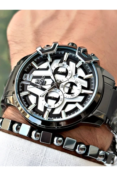 Reward Siyah Renk Büyük Kasa Çelik Kordon  Erkek Kol Saati + BİLEKLİK - Resim 2