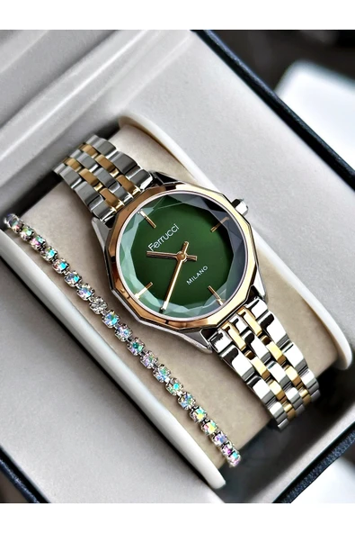 Ferrucci Altın Gümüş Renk Sade Model Klasik Kadın Kol Saati + BİLEKLİK ürün görseli 1