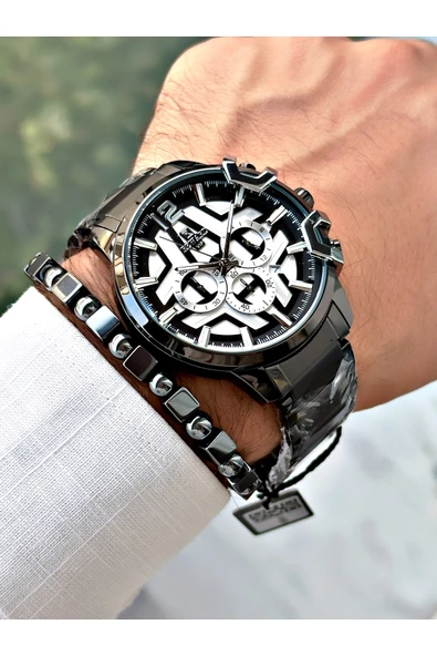Reward Siyah Renk Büyük Kasa Çelik Kordon  Erkek Kol Saati + BİLEKLİK - Resim 3