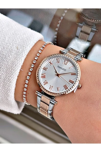 Ferrucci Rosegold-gümüş Renk Çelik Kordon Kadın Kol Saati Bileklik Hediyeli - Resim 2