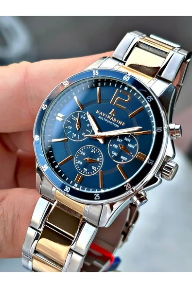 Navimarine Altın Gümüş Çift Renk Çelik Kordon Fonksiyonlu Erkek Kol Saati + BİLEKLİK - Resim 3