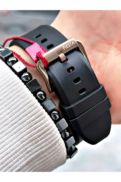 Fiesta Siyah Renk Spor Silikon Çelik Kasa Erkek Kol Saati + BİLEKLİK - Resim 5