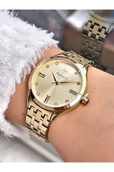 Ferrucci Altın Renk Şık Tasarım Çelik Kordon Kadın Kol Saati Bileklik Hediyeli - Resim 2