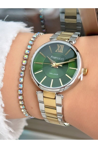 Ferrucci Altın Gümüş Çift Renk Klasik Sade Model Kadın Kol Saati + Taşlı Bileklik - Resim 3