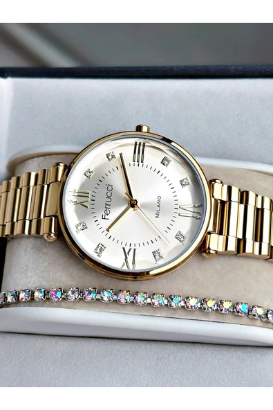Ferrucci Altın Renk Roma Rakamlı Sade Model Çelik Kordon Kadın Kol Saati + BİLEKLİK - Resim 2