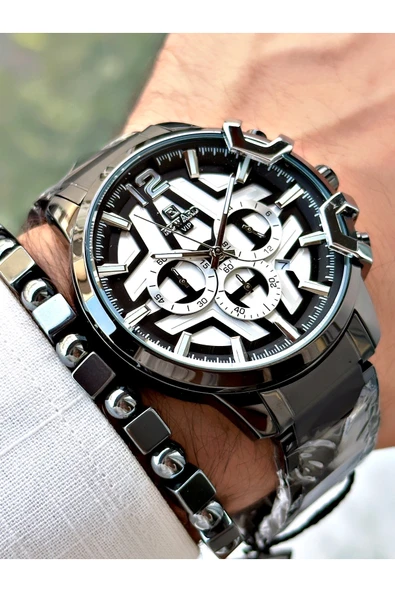 Reward Siyah Renk Büyük Kasa Çelik Kordon  Erkek Kol Saati + BİLEKLİK - Resim 4