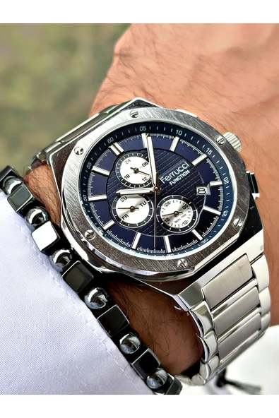 Ferrucci Gümüş Renk Çelik Kordon Fonksiyonlar Aktif Erkek Kol Saati + BİLEKLİK - Resim 3