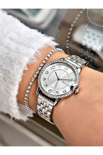 Ferrucci Gümüş Renk Çelik Kordon Taşlı Kasa Kadın Kol Saati + Bileklik Hediyeli - Resim 2