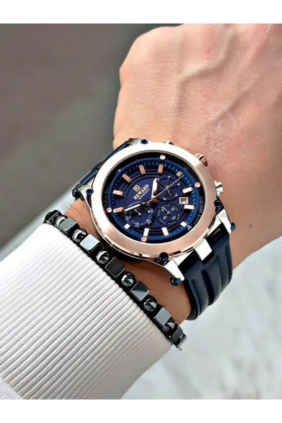 Reward Lacivert Renk Deri Kordon Çelik Kasa Fonksiyonlu Erkek Kol Saati + BİLEKLİK - Resim 2