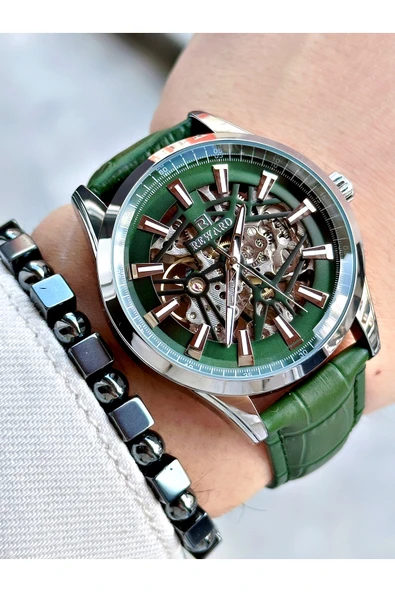 Reward Yeşil Renk Deri Kordon İskelet Model Otomatik Erkek Kol Saati + BİLEKLİK - Resim 3