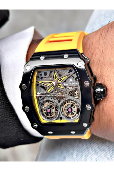 Navimarine Sarı Renk Kare Spor Silikon Otomatik Business Erkek Kol Saati + BİLEKLİK HEDİYELİ - Resim 2