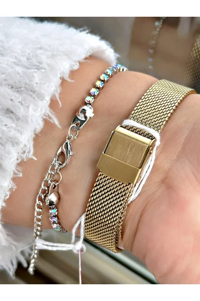 Ferrucci Altın Gold Renk Klasik Hasır Sade Model Kadın Kol Saati + BİLEKLİK - Resim 3