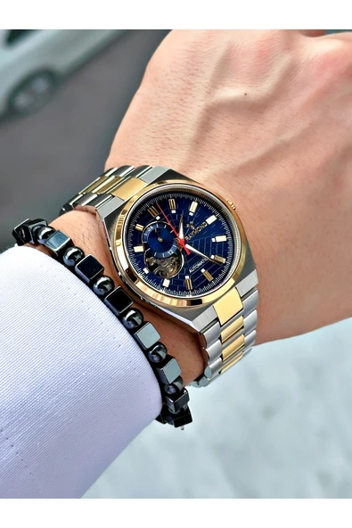 Raymond Altın Gümüş Renk SK Mekanizma Çelik Business Erkek Kol Saati + BİLEKLİK - Resim 3