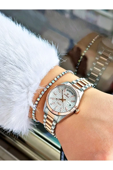 Raymond Rose Gümüş Renk Klasik Model Çelik Kasa Kordon Kadın Kol Saati + BİLEKLİK - Resim 2