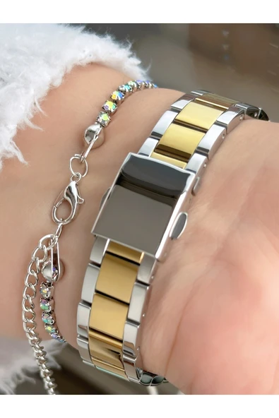 Ferrucci Altın Gümüş Çift Renk Klasik Sade Model Kadın Kol Saati + Taşlı Bileklik - Resim 4