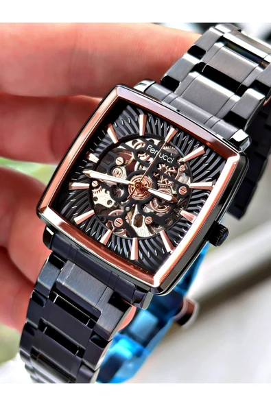 Ferrucci Siyah Renk Otomatik Kare Business  Mekanizma Erkek Kol Saati + BİLEKLİK - Resim 5