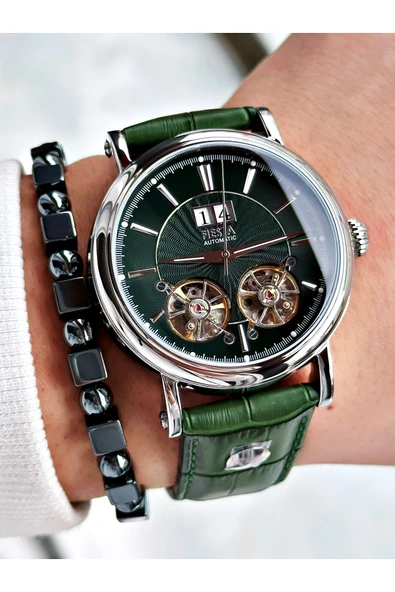 Fiesta Yeşil Renk Çift Türbünlü Deri Kordon Business Otomatik Erkek Kol Saati + BİLEKLİK - Resim 3