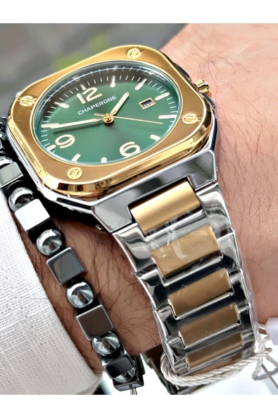 Chaperone Altın Gümüş Renk Sade Klasik Kare Model Çelik Kordon Erkek Kol Saati + BİLEKLİK HEDİYELİ By REWARD - Resim 4