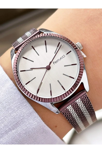 Ferrucci Bordo Gümüş Çift Renk Klasik Hasır Kadın Kol Saati - Resim 3