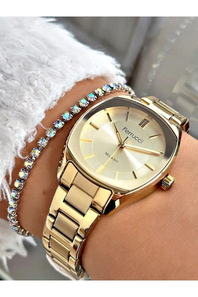 Ferrucci Altın Renk Klasik Aynalı Camlı Kadın Kol Saati + BİLEKLİK HEDİYELİ ürün görseli 1