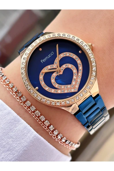 Ferrucci Lacivert Renk Rose Gold Kasa Kalpli Model Kadın Kol Saati + Bileklik Hediyeli - Resim 3