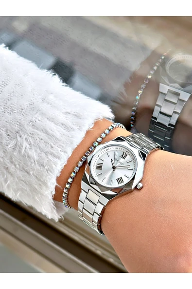 Ferrucci Gümüş Renk Çelik Kordon Yıldız Model Kadın Kol Saati + BİLEKLİK - Resim 2
