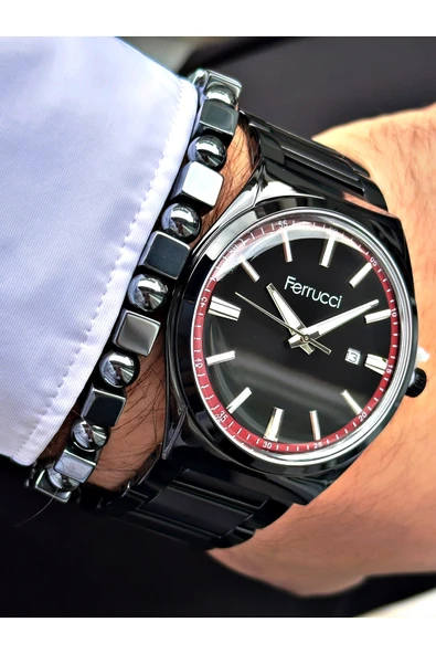 Ferrucci Siyah Renk Klasik Çelik Kordon Erkek Kol Saati + BİLEKLİK HEDİYELİ - Resim 3