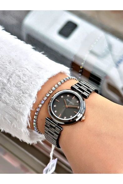 Ferrucci Füme Renk Klasik Sade Model  Kadın Kol Saati + BİLEKLİK - Resim 2