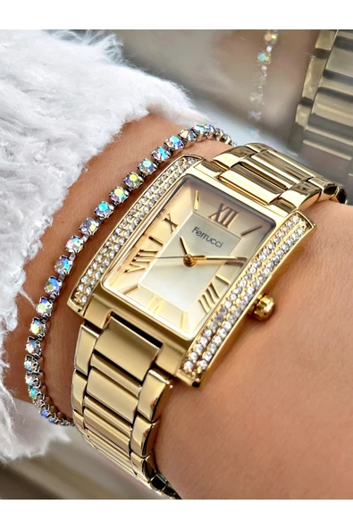 Ferrucci Altın Renk Kare Taşlı Model Çelik Kordon Kadın Kol Saati + BİLEKLİK ürün görseli 1