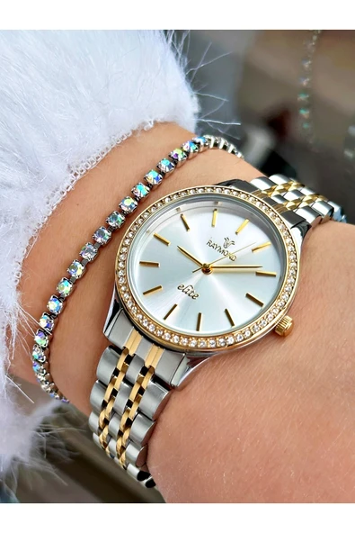 Raymond Altın Gold Gümüş Renk Taşlı Model Klasik Kadın Kol Saati + BİLEKLİK ürün görseli 1