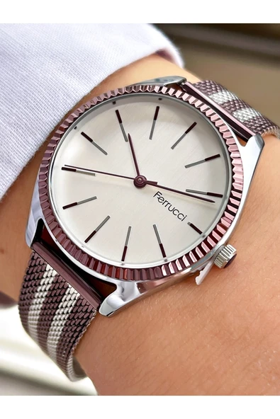 Ferrucci Bordo Gümüş Çift Renk Klasik Hasır Kadın Kol Saati ürün görseli 1