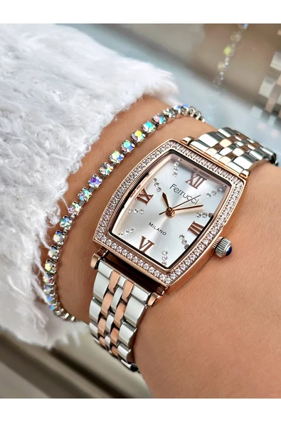 Ferrucci Rose Gold Gümüş Renk Kare Taşlı Model Çelik Kordon Kadın Kol Saati + BİLEKLİK ürün görseli 1