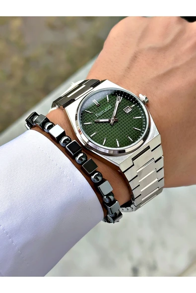 Ferrucci Gümüş Renk Yeşil Şık Spor Çelik Kordon Fonksiyonlu Erkek Kol Saati + BİLEKLİK - Resim 2