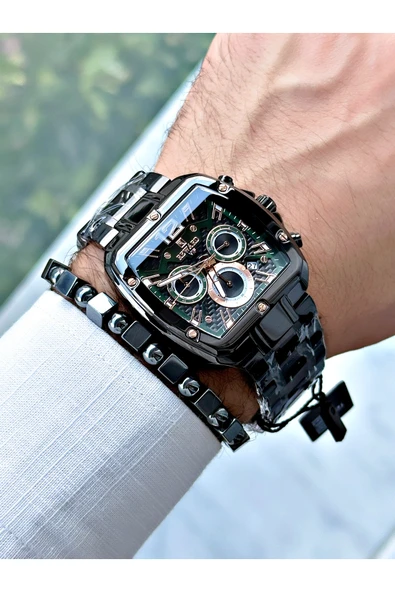 GÜMÜŞ Gümüş Renk Kare Model Çelik Kordon  Erkek Kol Saati + Bileklik - Resim 2