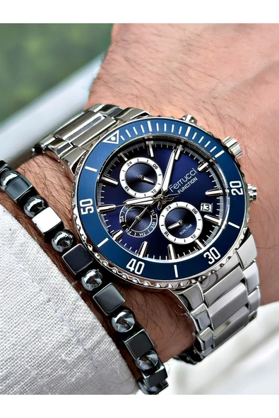 Ferrucci Gümüş Renk Fonksiyonlar Aktif  Çelik Kordon Erkek Kol Saati + BİLEKLİK HEDİYELİ - Resim 3