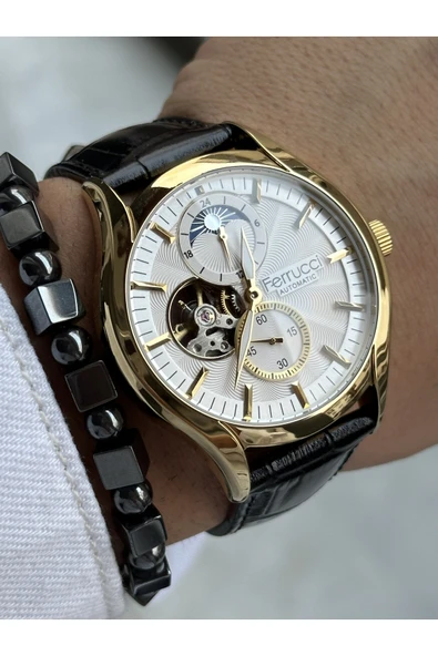Ferrucci Altın Gold Gümüş Renk Çelik Kordon Business Otomatik Çelik Kordon Erkek Kol Saati + BİLEKLİK - Resim 7