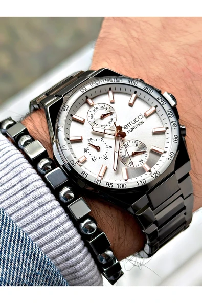 Ferrucci Siyah Renk Fonksiyonlar Aktif Çelik Kordon  Erkek Kol Saati + BİLEKLİK - Resim 3