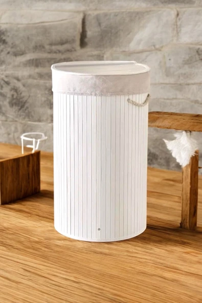 Akkoyunlu home Bambu Katlanır Yuvarlak Kirli Çamaşır Sepeti Beyaz Hasır Çamaşır Sepeti 35x60 - Resim 2