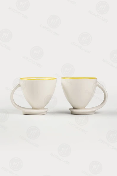 Sezka Life 2 li Porselen Kahve Fincanı Takımı Kendinden Tabaklı Kupa Takımı Sarı Yaldızlı - Resim 2