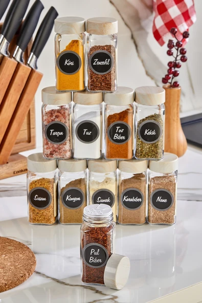 Akkoyunlu home Ahşap Kapaklı Cam Baharatlık Seti Kavanoz Takımı 12 li 140 cc 24 Adet Siyah Etiket ürün görseli 1
