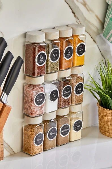 Akkoyunlu home Ahşap Kapaklı Cam Baharatlık Seti Kavanoz Takımı 12 li 140 cc 24 Adet Dantel Etiket - Resim 2